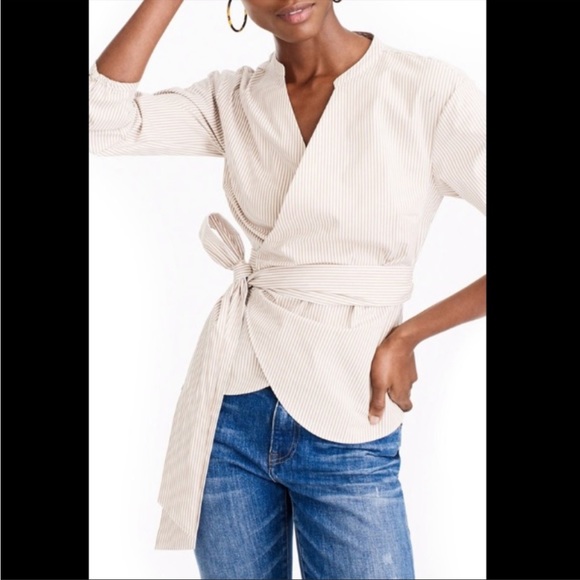 J. Crew Tops - J Crew Wrap Top Beige and White Stripe Sz S